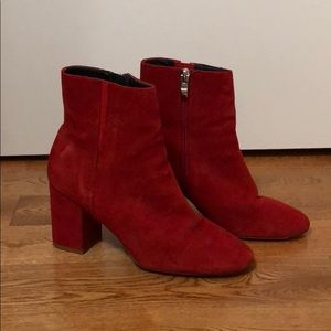 Red suede heeled ankle boot